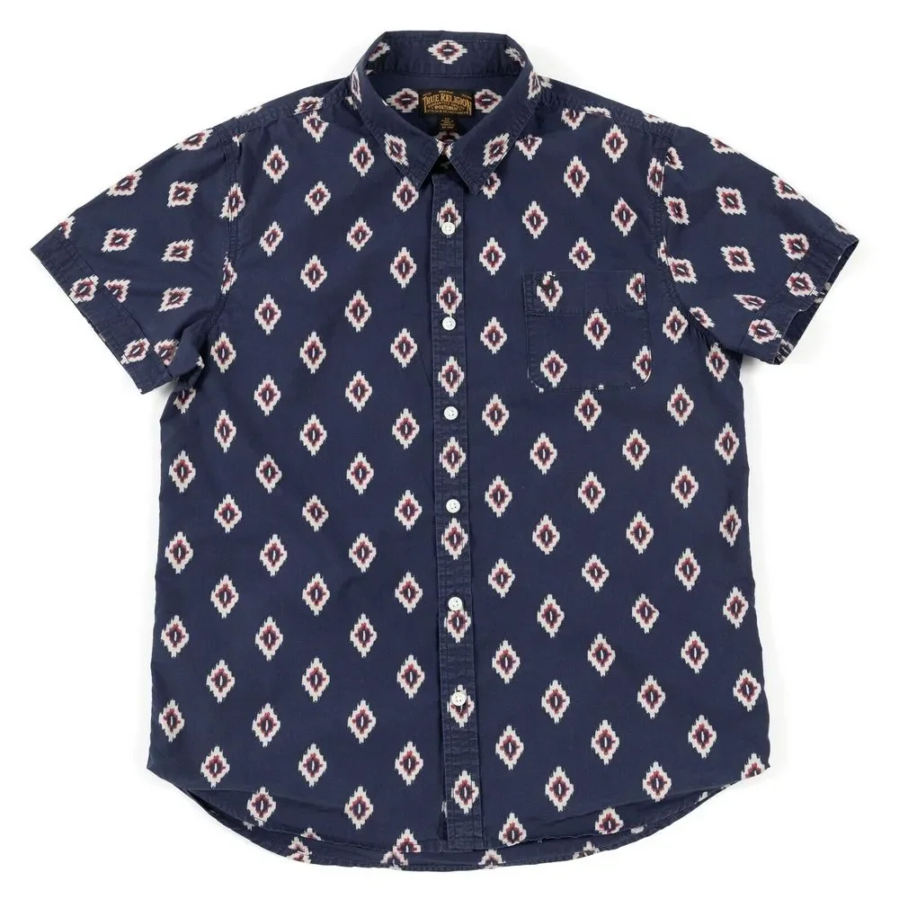 True‎ Religion Aztec Western Poplin Short Sleeve Button Up Shirt Men's Small